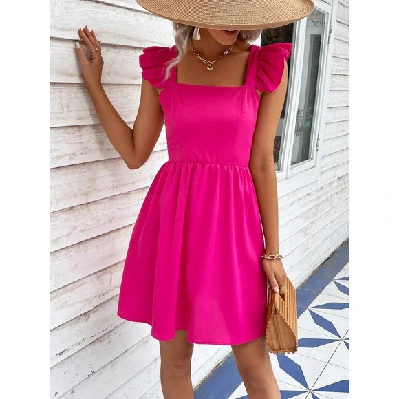 Square Neck Zip Back Ruffle Trim Dress boho kelly green - Picture 2 of 7